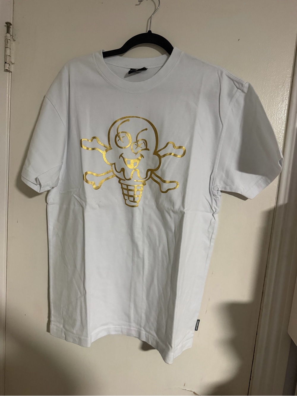 BBC Icecream Mens White T-Shirt Metallic Gold Cones Bones Graphic Logo Size Larg